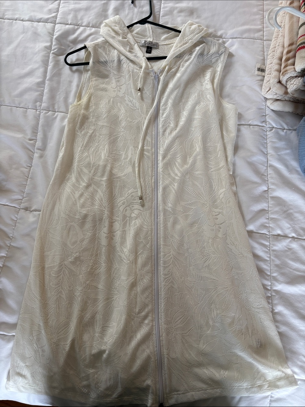 Light Cream Hooded Swim Coverup - Sleeveless Zip Front